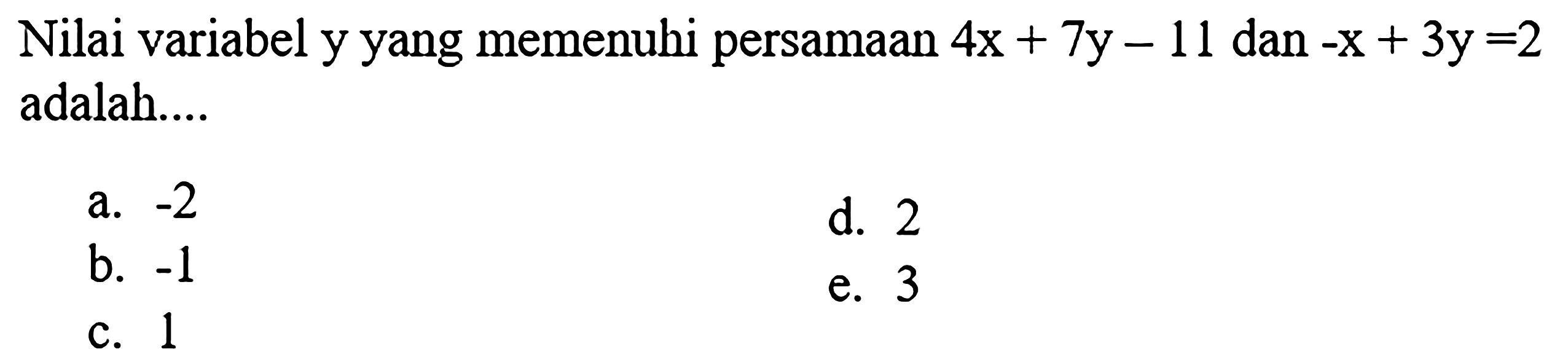 Nilai variabel y yang memenuhi persamaan 4x+7y-11 dan -x+3y=2 adalah...