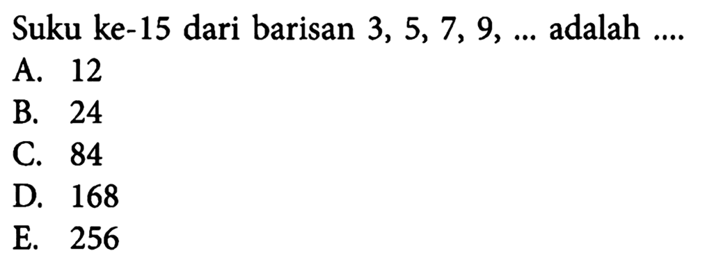 Suku ke-15 dari barisan 3,5,7,9, ....adalah....