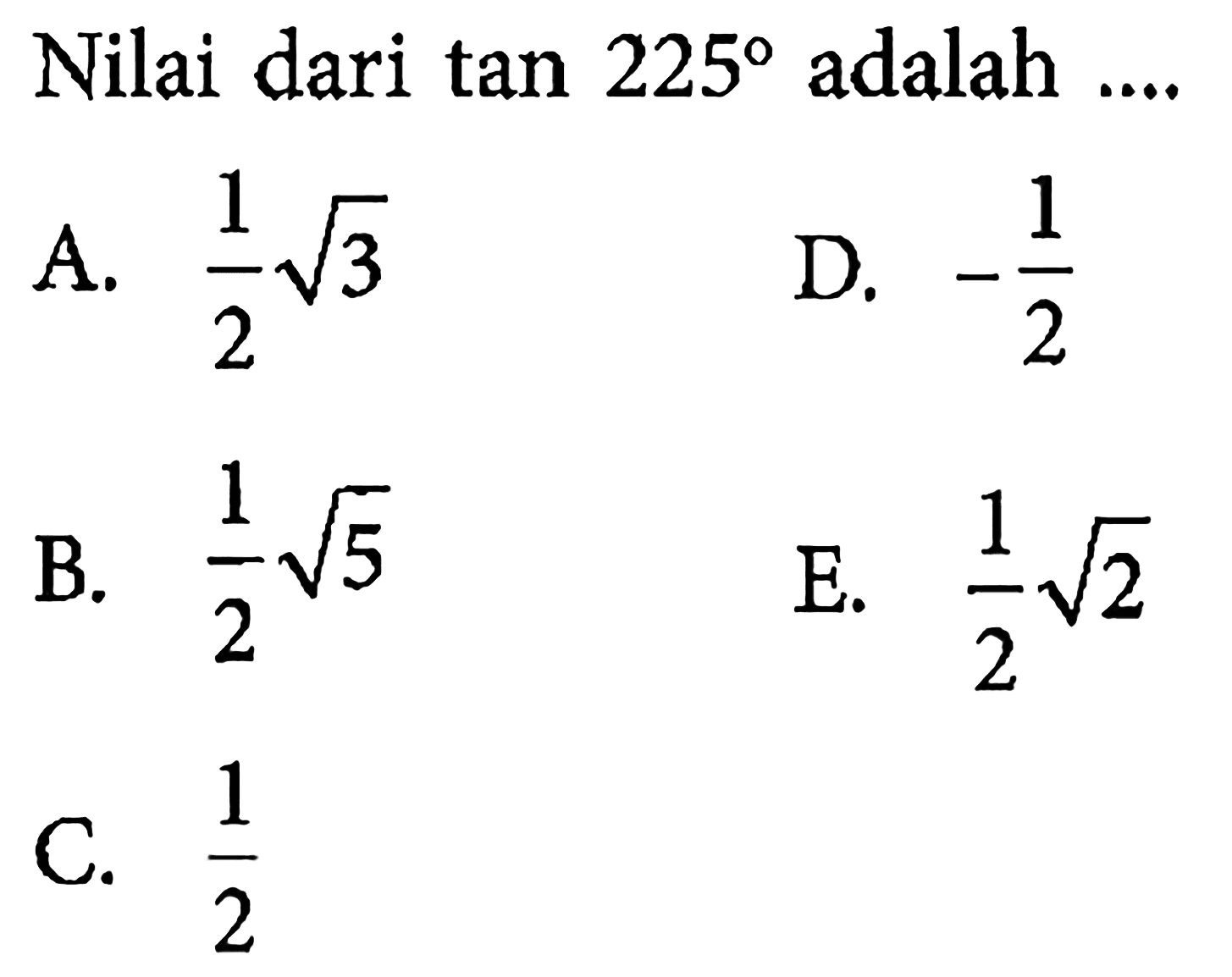 Nilai dari  tan 225  adalah ....