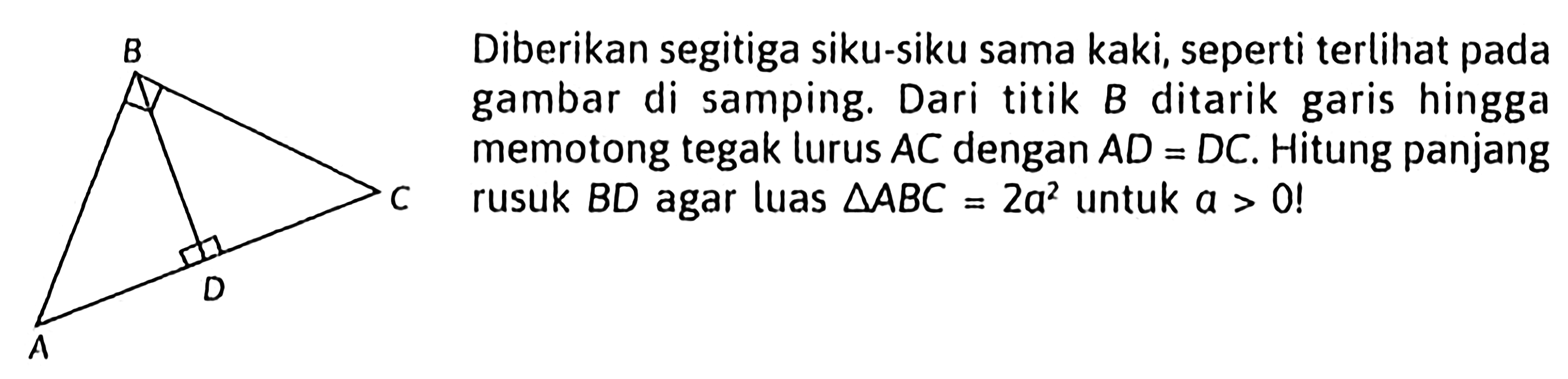 Diberikan segitiga siku-siku sama kaki, seperti terlihat pada gambar di samping. Dari titik B ditarik garis hingga memotong tegak lurus AC dengan AD=DC. Hitung panjang rusuk BD agar luas segitiga ABC=2a^2 untuk a>0!