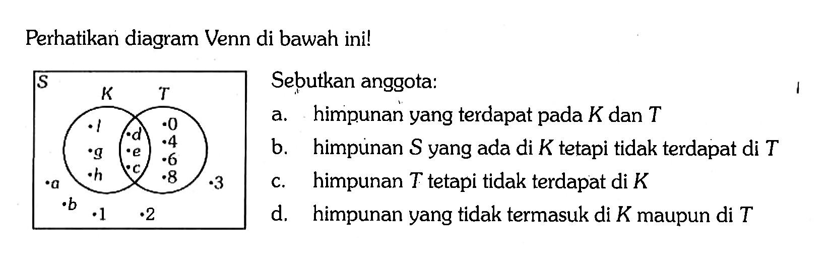 Perhatikan diagram Venn di bawah ini! S K Ti g h d e c T 0 4 6 8 a 3 b 1 2 Sebutkan anggota: a. himpunan yang terdapat pada K dan T b. himpunan S yang ada di K tetapi tidak terdapat di T c. himpunan T tetapi tidak terdapat di K d. himpunan yang tidak termasuk di K maupun di T