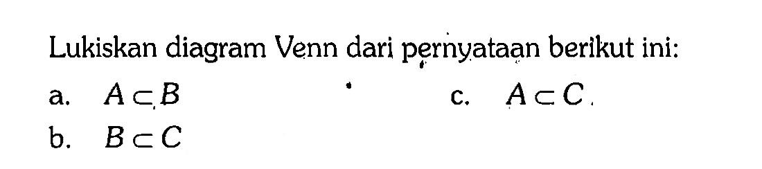 Lukiskan diagram Venn dari pernyataan berikut ini: a. A c B c. A c C b. B c C