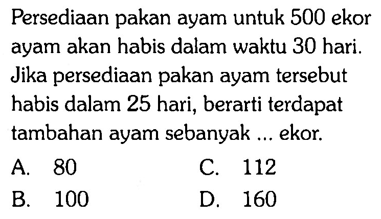 Persediaan pakan ayam untuk 500 ekor ayam akan habis dalam waktu 30 hari. Jika persediaan pakan ayam tersebut habis dalam 25 hari, berarti terdapat tambahan ayam sebanyak ... ekor.