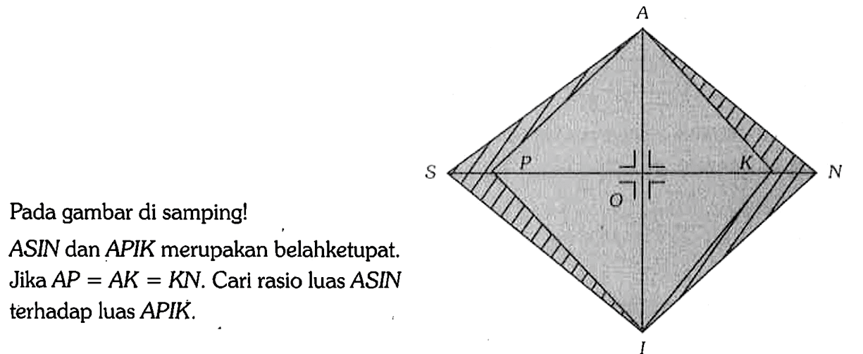 Pada gambar di samping!
ASIN dan APIK merupakan belahketupat. Jika  AP = AK = KN. Cari rasio luas  ASIN terhadap luas APIK.
A
S P K N
O
I