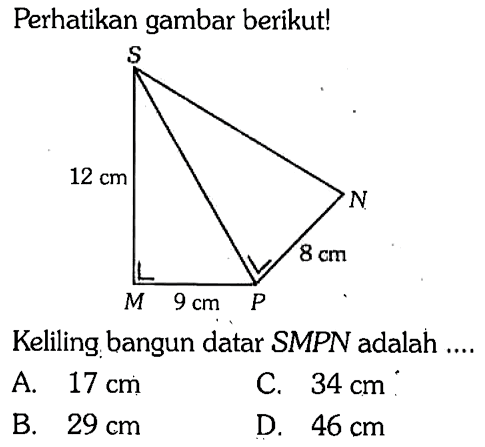 Perhatikan gambar berikut! S 12 cm N 8 cm P 9 cm MKeliling bangun datar SMPN adalah ....