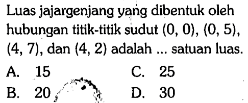 Luas jajargenjang yang dibentuk oleh hubungan titik-titik sudut (0,0), (0,5), (4,7), dan (4,2) adalah ... satuan luas. 