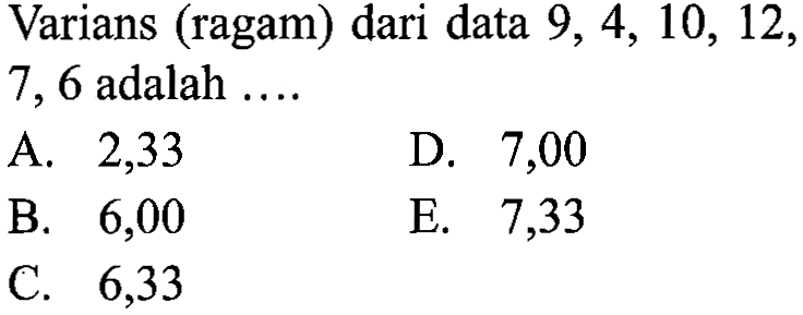 Varians (ragam) dari data 9, 4, 10, 12, 7, 6 adalah ....