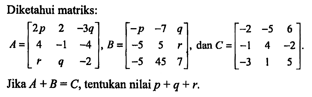 Diketahui matriks: A=[2p 2 -3q 4 -1 -4 r q -2], B=[-p -7 q -5 5 r -5 45 7], dan C=[-2 -5 6 -1 4 -2 -3 1 5]. Jika A+B=C, tentukan nilai p+q+r.