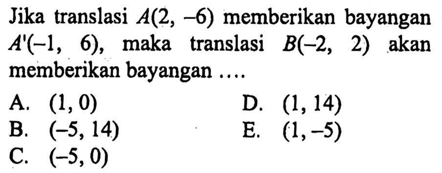 Jika translasi A(2, -6) memberikan bayangan A'(-1, 6), maka translasi B(-2, 2) akan memberikan bayangan ....