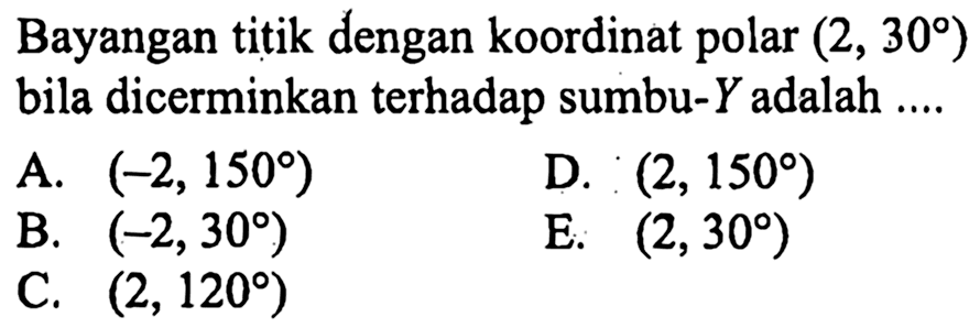 Bayangan titik dengan koordinat polar (2,30) bila dicerminkan terhadap sumbu-Y adalah ....