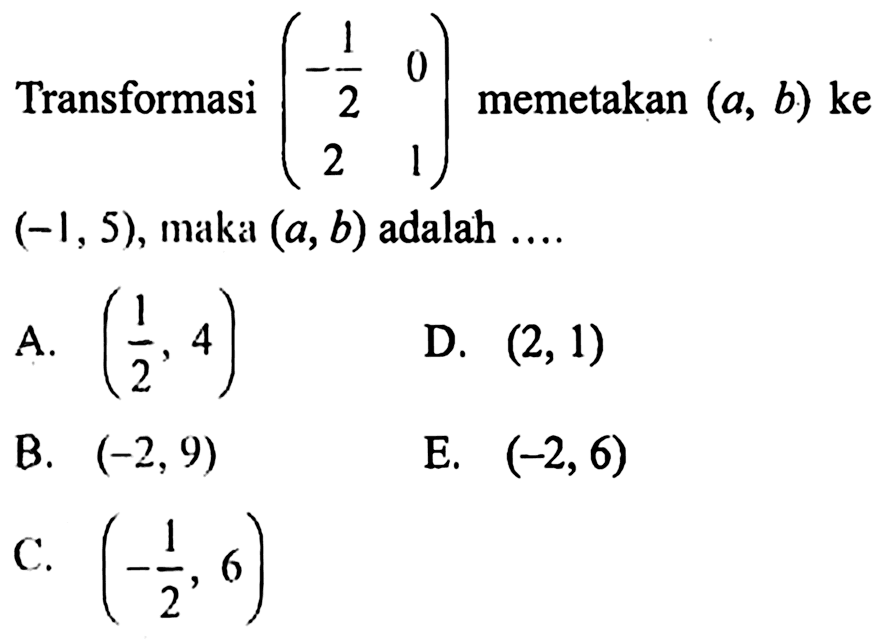 Transformasi (-1/2 0 2 1) memetakan (a, b) ke (-1,5), maka (a, b) adalah....