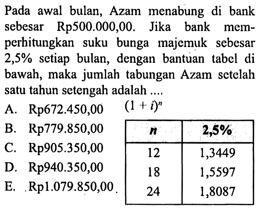 Pada awal bulan, Azam menabung di bank sebesar Rp500.000,00. Jika bank memperhitungkan suku bunga majemuk sebesar  2,5%  setiap bulan, dengan bantuan tabel di bawah, maka jumlah tabungan Azam setelah satu tahun setengah adalah ....(1+i)^n n    2 , 5%  12  1,3449 18  1,5597 24  1,8087 