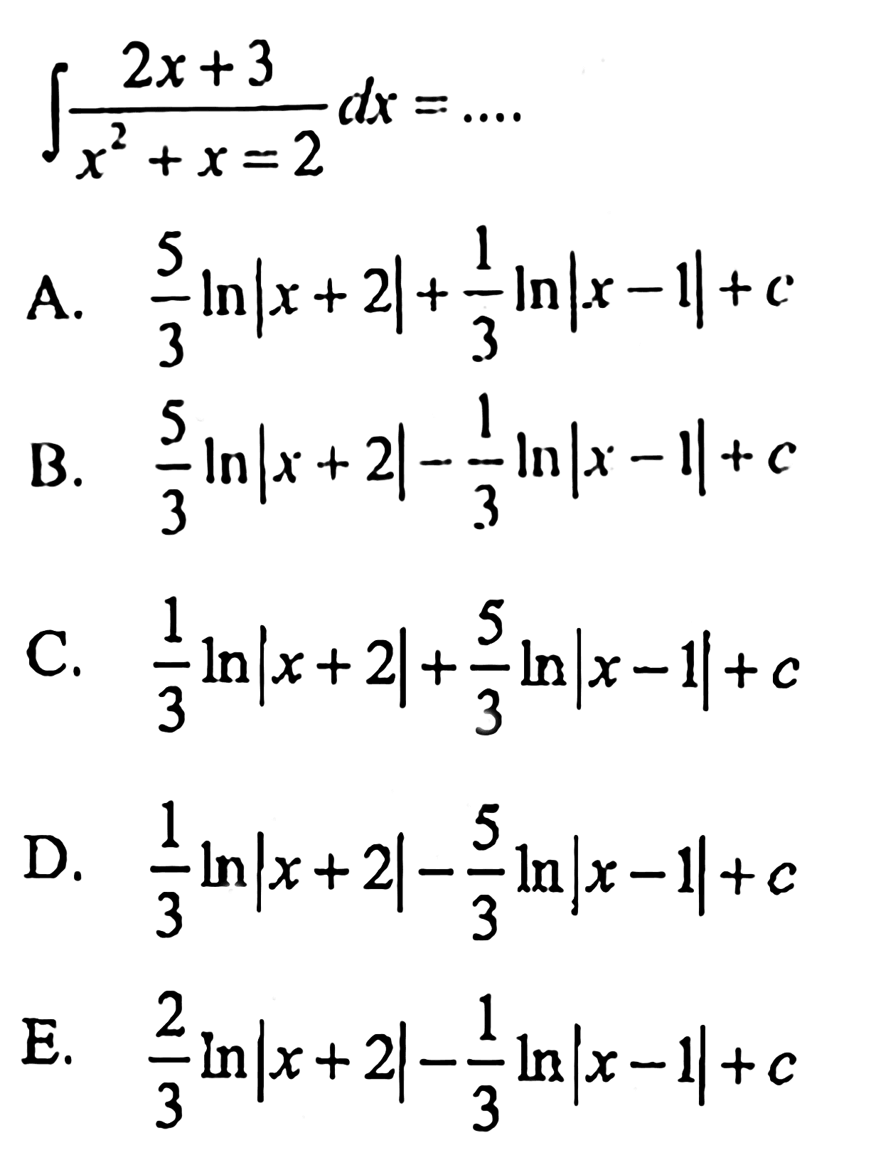 integral (2x+3)/(x^2+x=2) dx=...