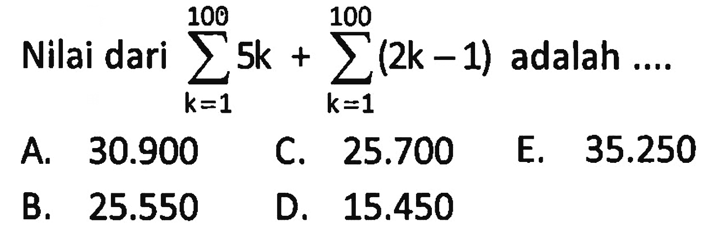 Nilai dari sigma k=1 100 5k+ sigma k=1 100 (2k-1) adalah.... 