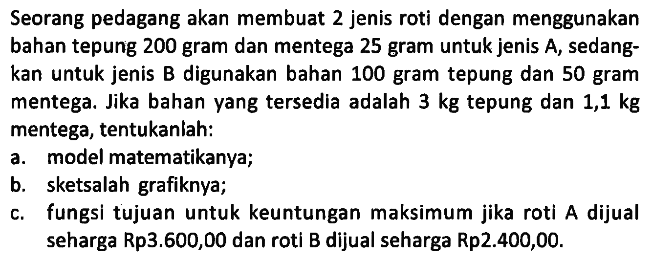 Seorang pedagang akan membuat 2 jenis roti dengan menggunakan bahan tepung 200 gram dan mentega 25 gram untuk jenis A, sedang- kan untuk jenis B digunakan bahan 100 gram tepung dan 50 gram mentega. Jika bahan yang tersedia adalah 3 kg tepung dan 1,1 kg mentega, tentukanlah: a. model matematikanya; b. sketsalah grafiknya; c. fungsi tujuan untuk keuntungan maksimum jika roti A dijual seharga Rp3.600,00 dan roti B dijual seharga Rp2.400,00.