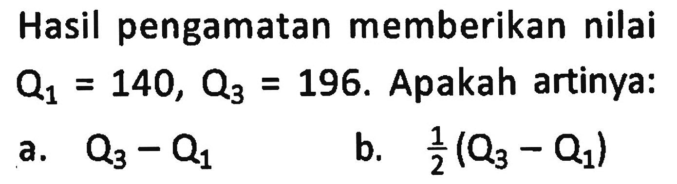 Hasil pengamatan memberikan nilai Q1=140, Q3=196. Apakah artinya: a. Q3-Q1 b. 1/2(Q3-Q1)