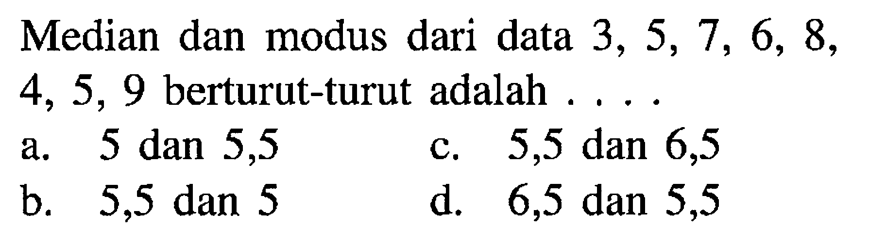 Median dan modus dari data 3,5,7,6,8,4,5,9 berturut-turut adalah ....
