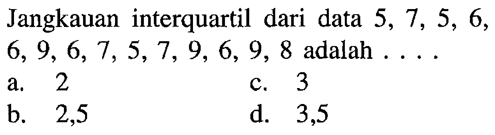 Jangkauan interquartil dari data 5, 7, 5, 6, 6, 9, 6, 7, 5, 7, 9, 6, 9, 8 adalah ....