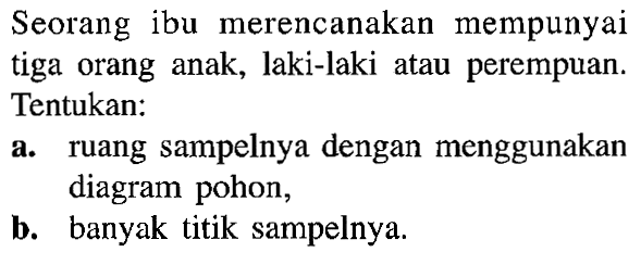 Seorang ibu merencanakan mempunyai tiga orang anak, laki-laki atau perempuan. Tentukan:a. ruang sampelnya dengan menggunakan diagram pohon,b. banyak titik sampelnya.