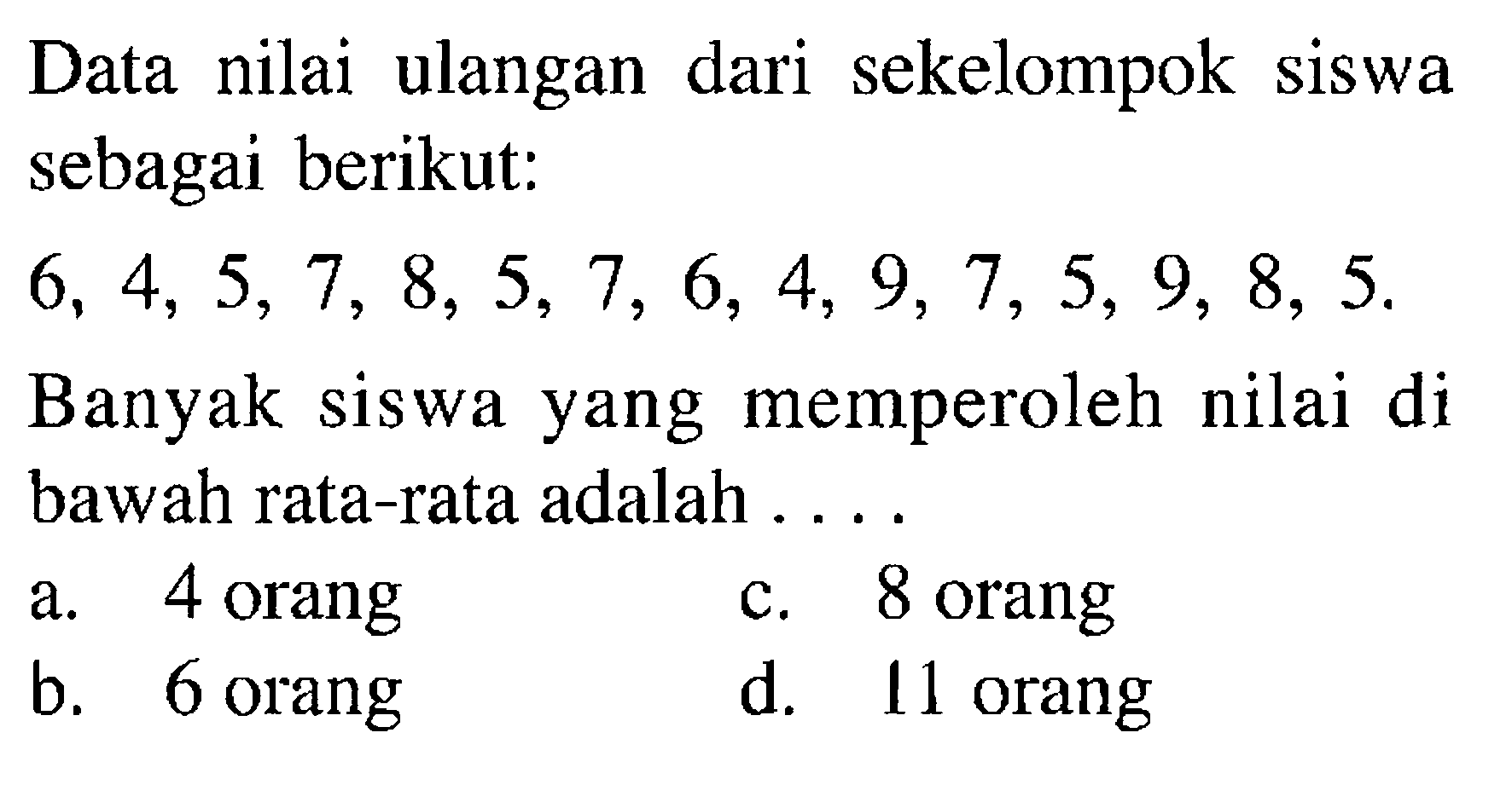 Data nilai ulangan dari sekelompok siswa sebagai berikut: 6,4,5,7,8,5,7,6,4,9,7,5,9,8,5. Banyak siswa yang memperoleh nilai di bawah rata-rata adalah .... 