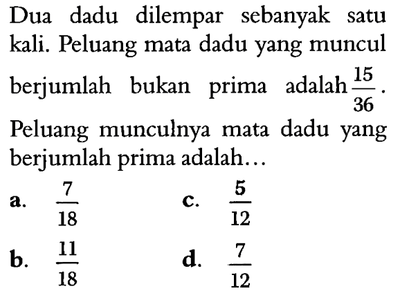 Dua dadu dilempar sebanyak satu kali. Peluang mata dadu yang muncul berjumlah bukan prima adalah  15/36. Peluang munculnya mata dadu yang berjumlah prima adalah... 