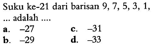 Suku ke-21 dari barisan 9, 7, 5, 3, 1, ... adalah ....