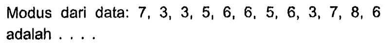 Modus dari data: 7,3,3,5,6,6,5,6,3,7,8,6 adalah....