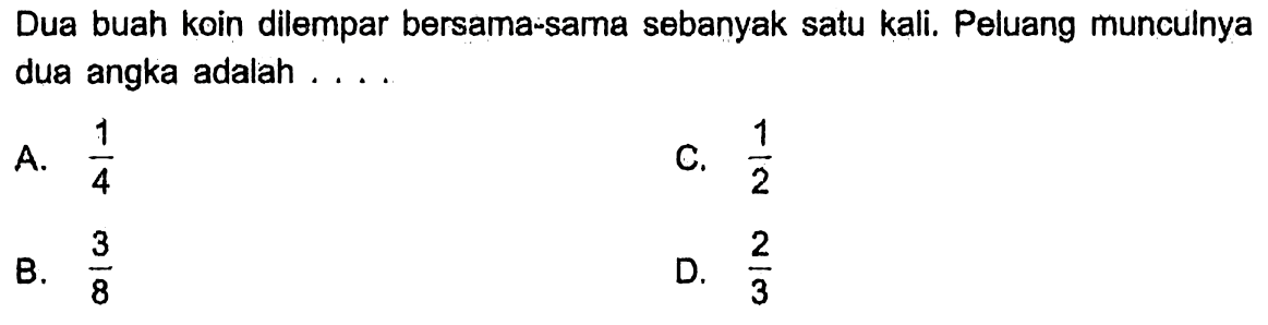 Dua buah koin dilempar bersama-sama sebanyak satu kali. Peluang munculnya dua angka adalah ...