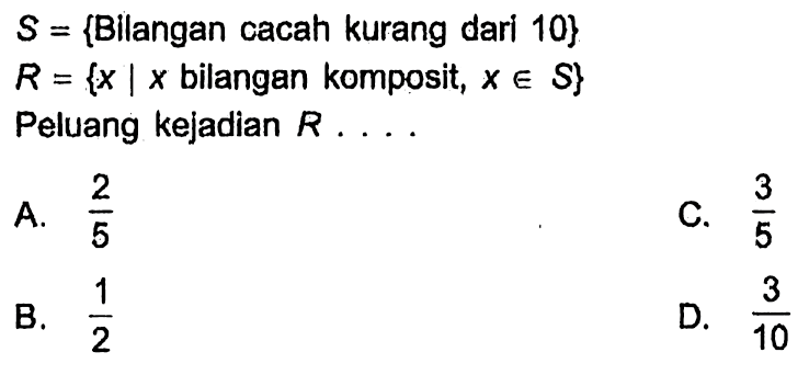  S= {Bilangan cacah kurang dari 10  } 
 R={x | x  bilangan komposit,  x e S} 
Peluang kejadian  R ... . 
