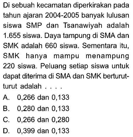 Di sebuah kecamatan diperkirakan pada tahun ajaran 2004-2005 banyak lulusan siswa SMP dan Tsanawiyah adalah  1.655  siswa. Daya tampung di SMA dan SMK adalah 660 siswa. Sementara itu, SMK hanya mampu menampung 220 siswa. Peluang setiap siswa untuk dapat diterima di SMA dan SMK berturutturut adalah ....