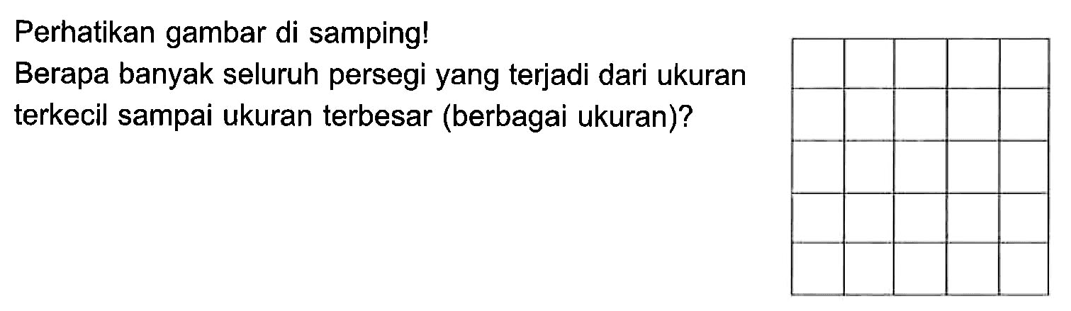 Perhatikan gambar di samping! Berapa banyak seluruh persegi yang terjadi dari ukuran terkecil sampai ukuran terbesar (berbagai ukuran)?