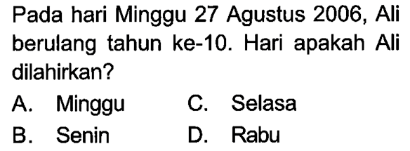 Pada hari Minggu 27 Agustus 2006, Ali berulang tahun ke-10. Hari apakah Ali dilahirkan?