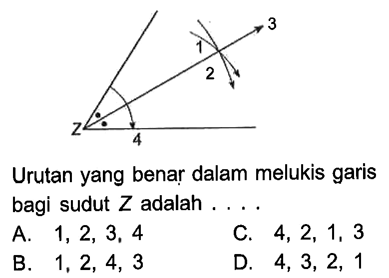 Urutan yang benar dalam melukis garis bagi sudut  Z  adalah ....3 1 2 4 Z