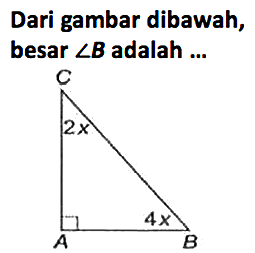 Dari gambar dibawah, besar sudut B adalah ... C 2x 4x A B 