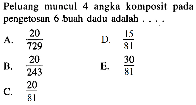 Peluang muncul 4 angka komposit pada pengetosan 6 buah dadu adalah ....