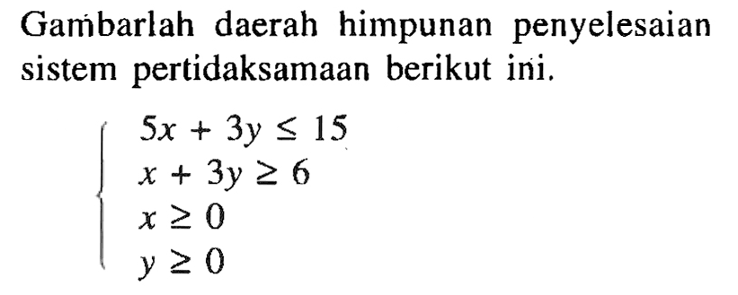 Gambarlah daerah himpunan penyelesaian sistem pertidaksamaan berikut ini. 5x+3y<=15 x+3y>=6 x>=0 y>=0