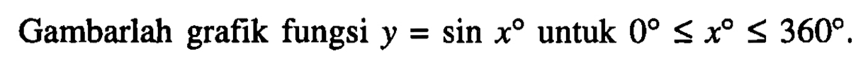 Gambarlah grafik fungsi y = sin x untuk 0 <= x <= 360 .