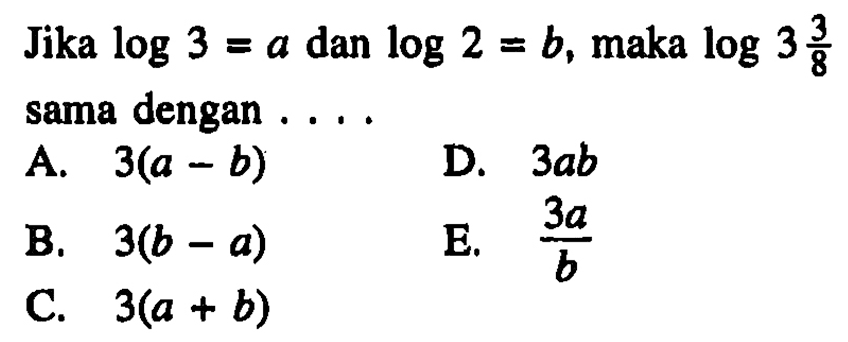 Jika log 3 = a dan log 2 = b, maka log 3 3/8 dengan sama....