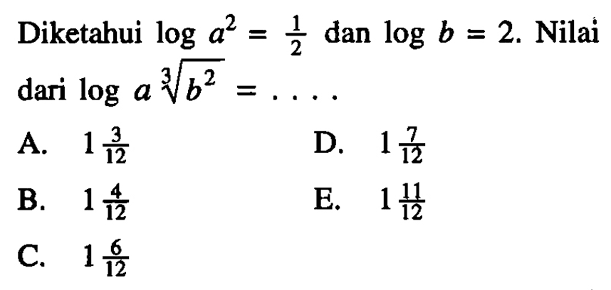 Diketahui log a^2 = 1/2 dan log b = 2. Nilai dari log a b^(2/3) = ....