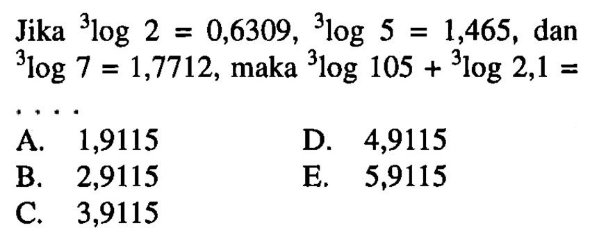 Jika 3log 2 = 0,6309, 3log 5 = 1,465, dan 3log 7 = 1,7712, maka 3log 105 + 3log 2,1 =