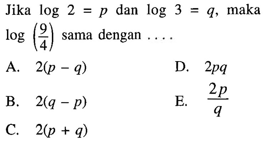 Jika log 2=p dan log 3=q , maka log (9/4) sama dengan ....