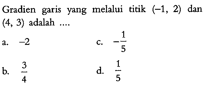 Gradien garis yang melalui titik (-1,2) dan (4,3) adalah ....