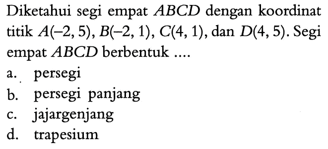 Diketahui segi empat ABCD dengan koordinat titik A(-2,5) , B(-2,1), C(4,1), dan D(4, 5). Segi empat ABCD berbentuk