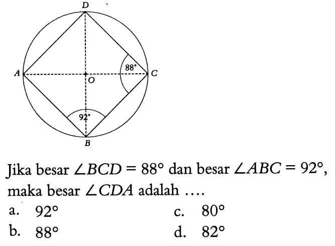 Jika besar  sudut BCD=88  dan besar sudut ABC=92 , maka besar sudut CDA adalah ....
ABCD 88 92 
