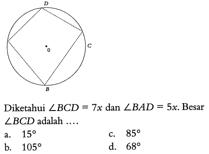 Diketahui sudut BCD = 7x dan sudut BAD = 5x. Besar sudut BCD adalah ....