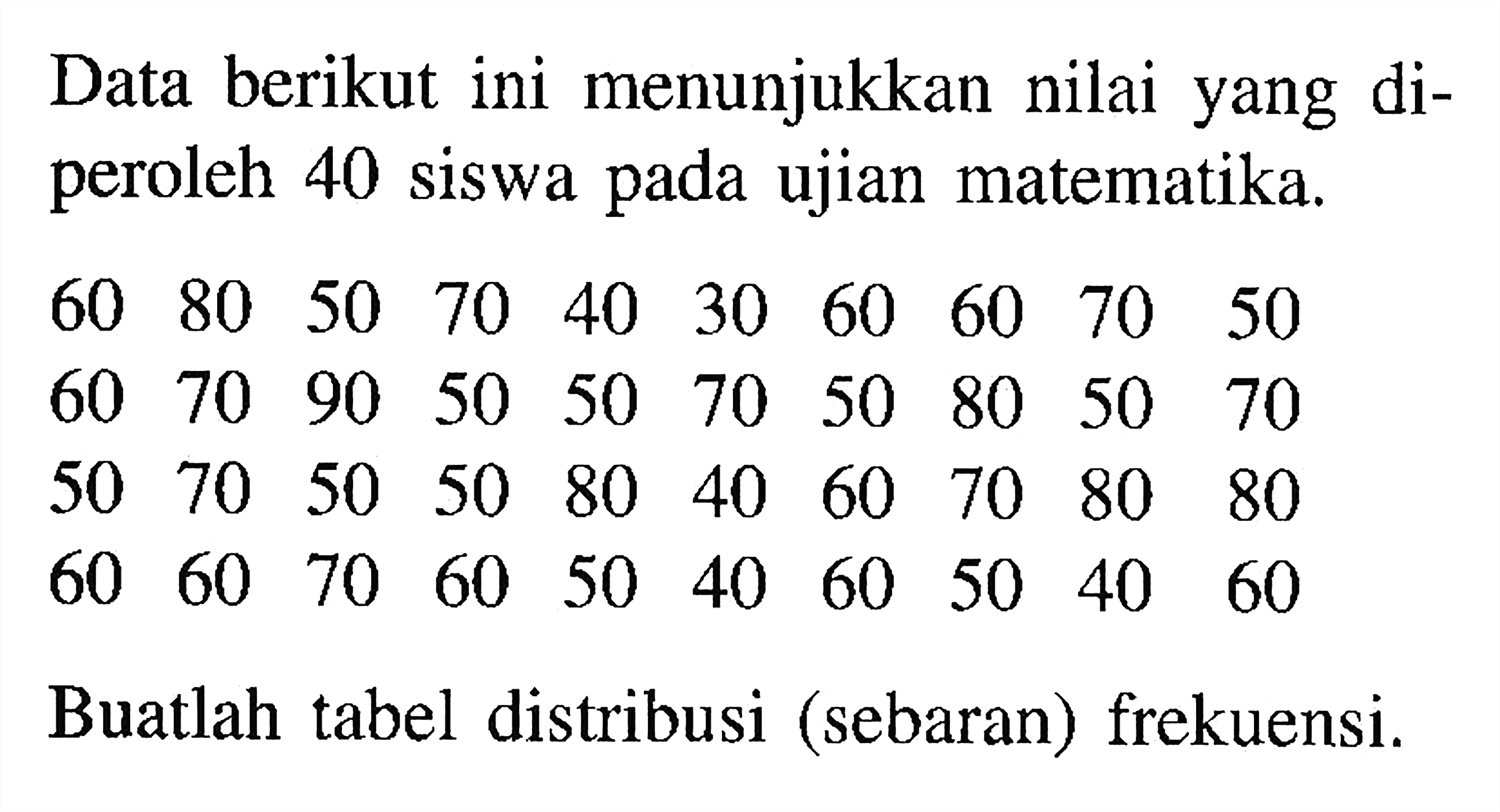 Data berikut ini menunjukkan nilai yang diperoleh 40 siswa pada ujian matematika. 60 80 50 70 40 30 60 60 70 50 60 70 90 50 50 70 50 80 50 70 50 70 50 50 80 40 60 70 80 80 60 60 70 60 50 40 60 50 40 60 Buatlah tabel distribusi (sebaran) frekuensi.
