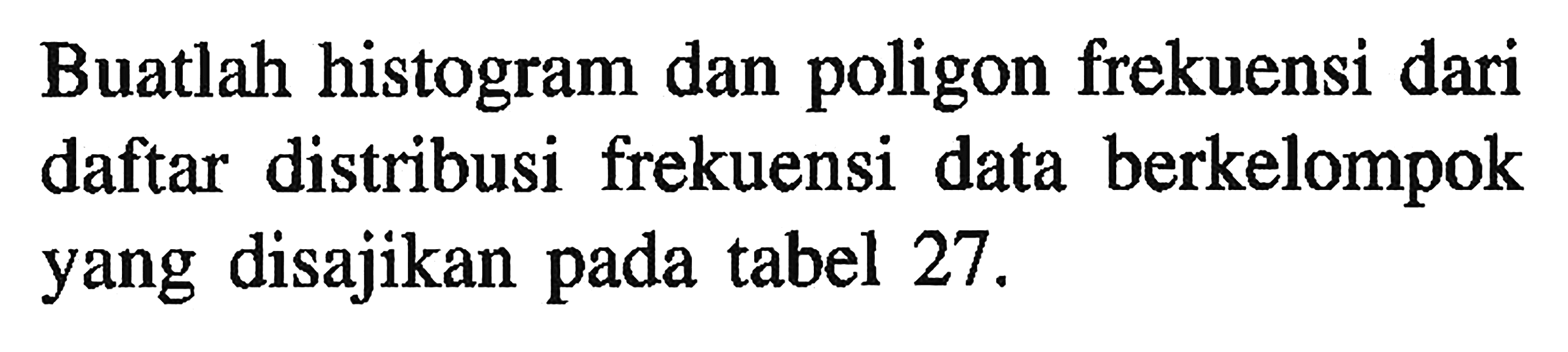 Buatlah histogram dan poligon frekuensi dari daftar distribusi frekuensi data berkelompok yang disajikan tabel 27.