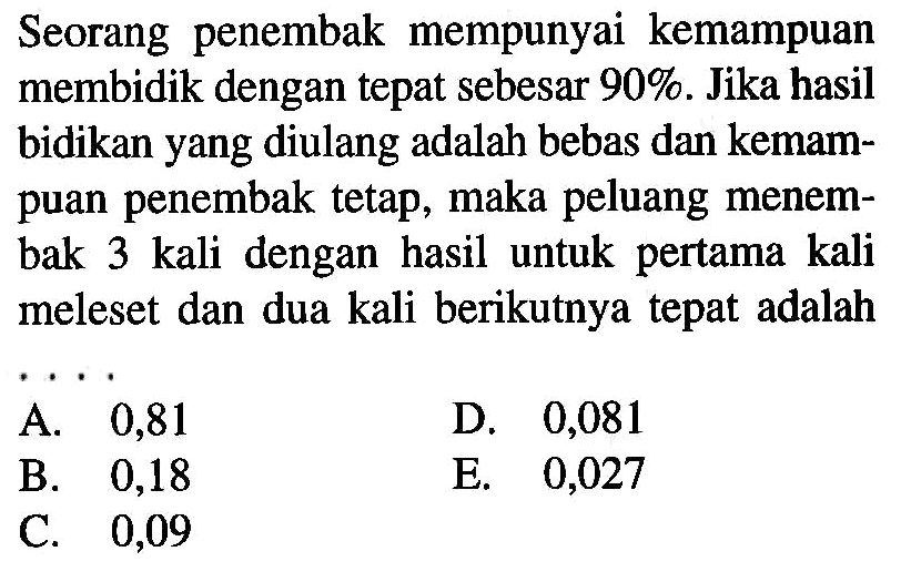 Seorang penembak mempunyai kemampuan membidik dengan tepat sebesar  90%. Jika hasil bidikan yang diulang adalah bebas dan kemampuan penembak tetap, maka peluang menembak 3 kali dengan hasil untuk pertama kali meleset dan dua kali berikutnya tepat adalah ....
