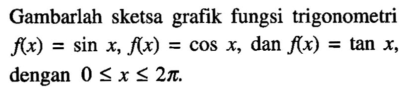 Gambarlah sketsa grafik fungsi trigonometri f(x)=sin x, f(x)=cos x, dan f(x)=tan x, dengan 0<=x<=2pi.