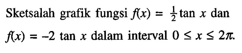 Sketsalah grafik fungsi f(x)=(1/2)tan x dan f(x)=-2tan x dalam interval 0<=x<=2pi.